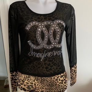 Ladies Small Safari Top with Sequence and Sheer Sleeves